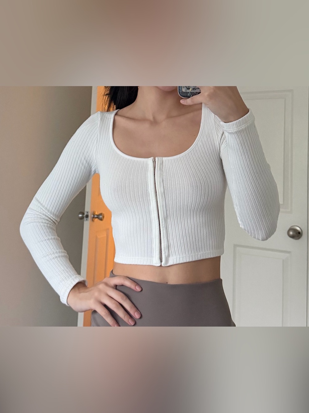 Divided White Ribbed Zip-Front Long Sleeve Crop Top